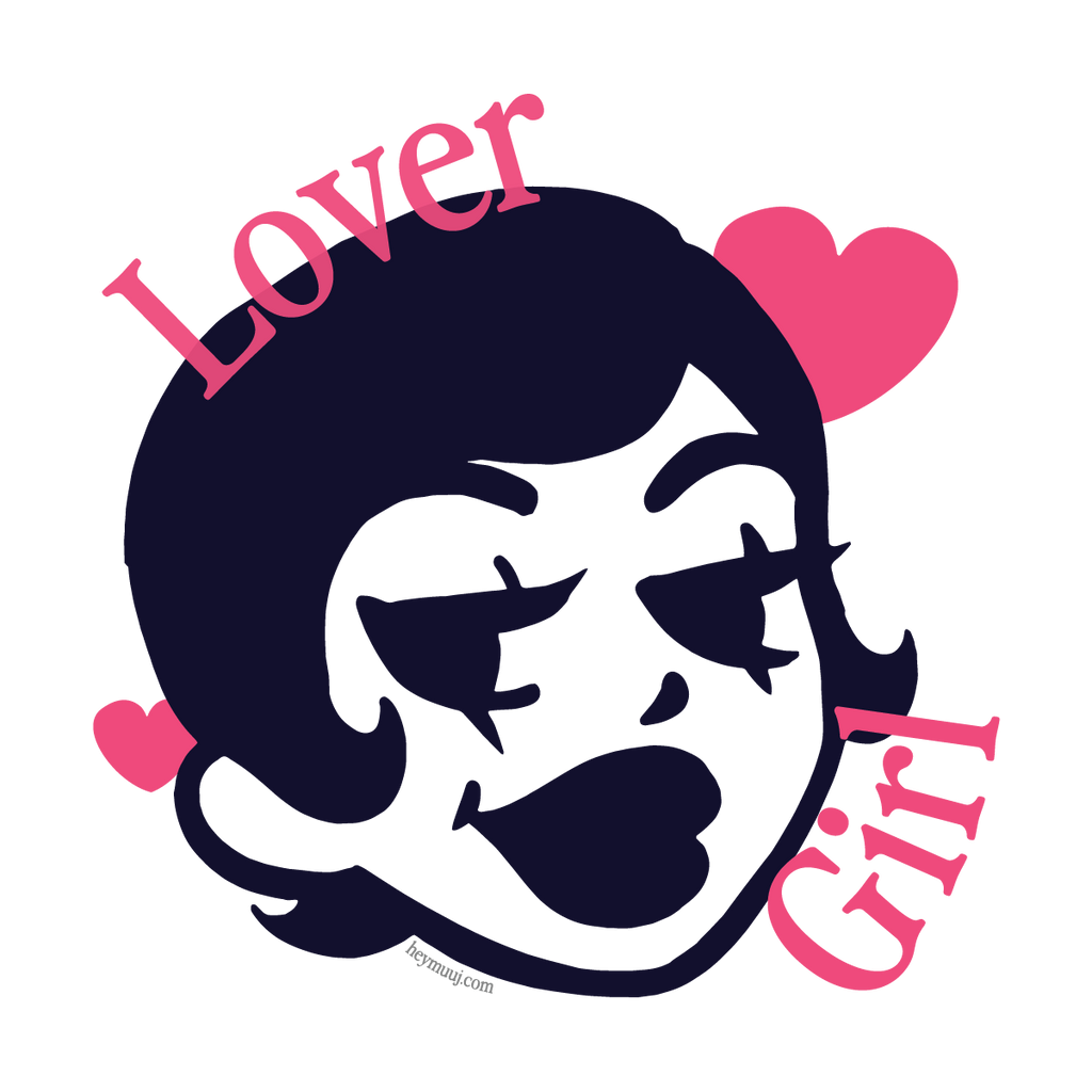 Illustration of a face with 'Lover Girl' text and hearts on a white background