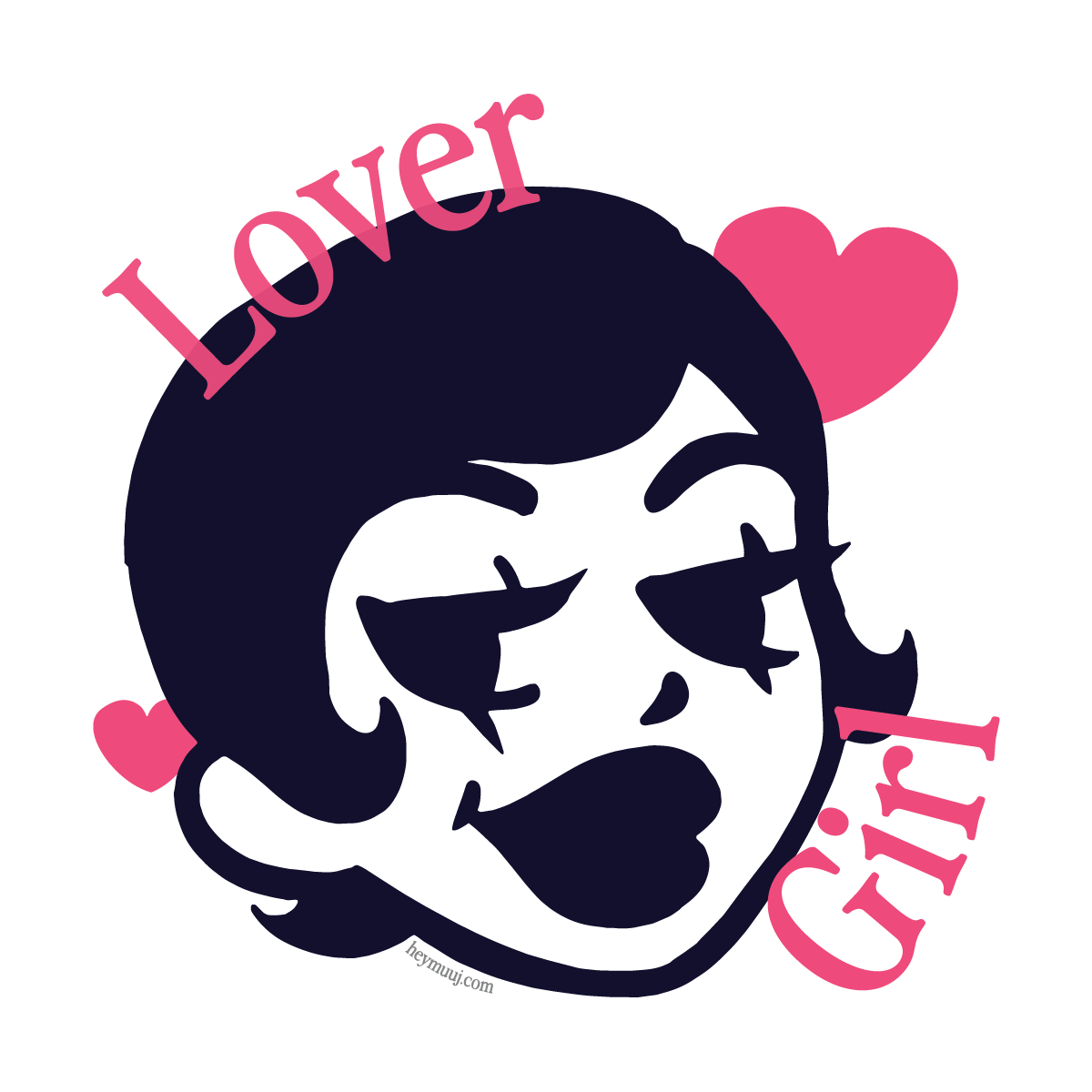 Illustration of a face with 'Lover Girl' text and hearts on a white background