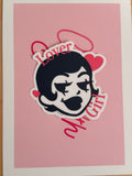 Black and white lover girl logo with red text on a pink background