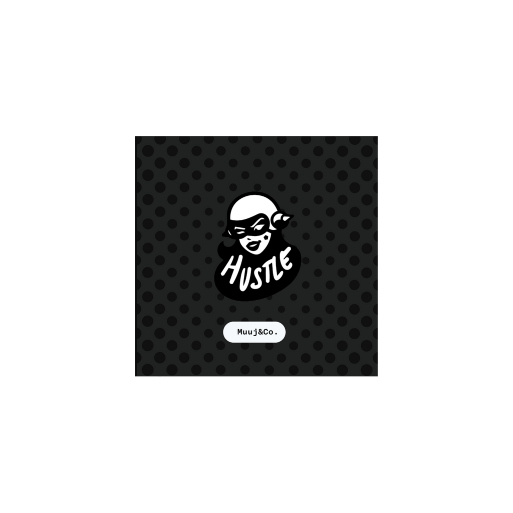 A square black product with a subtle polka-dot pattern, featuring a white cartoon character and the word 'HUSTLE' in stylized lettering. 