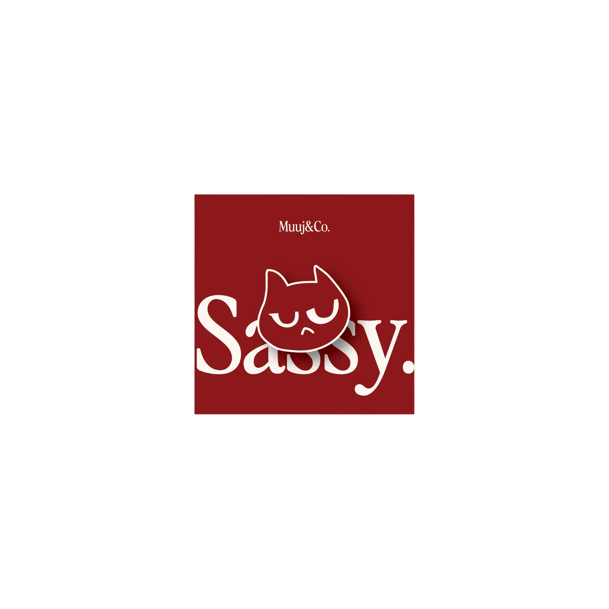 A square red sticker or decal featuring the white text 'Sassy.' and a white cartoon cat face, shown on a plain white background.