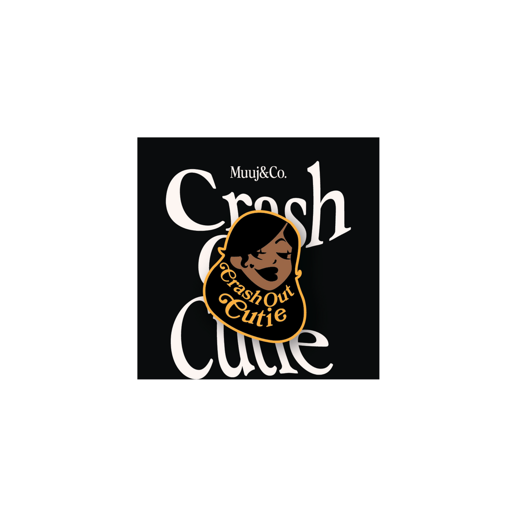 Logo with text 'Crash & Cutie' and a stylized face on a black background