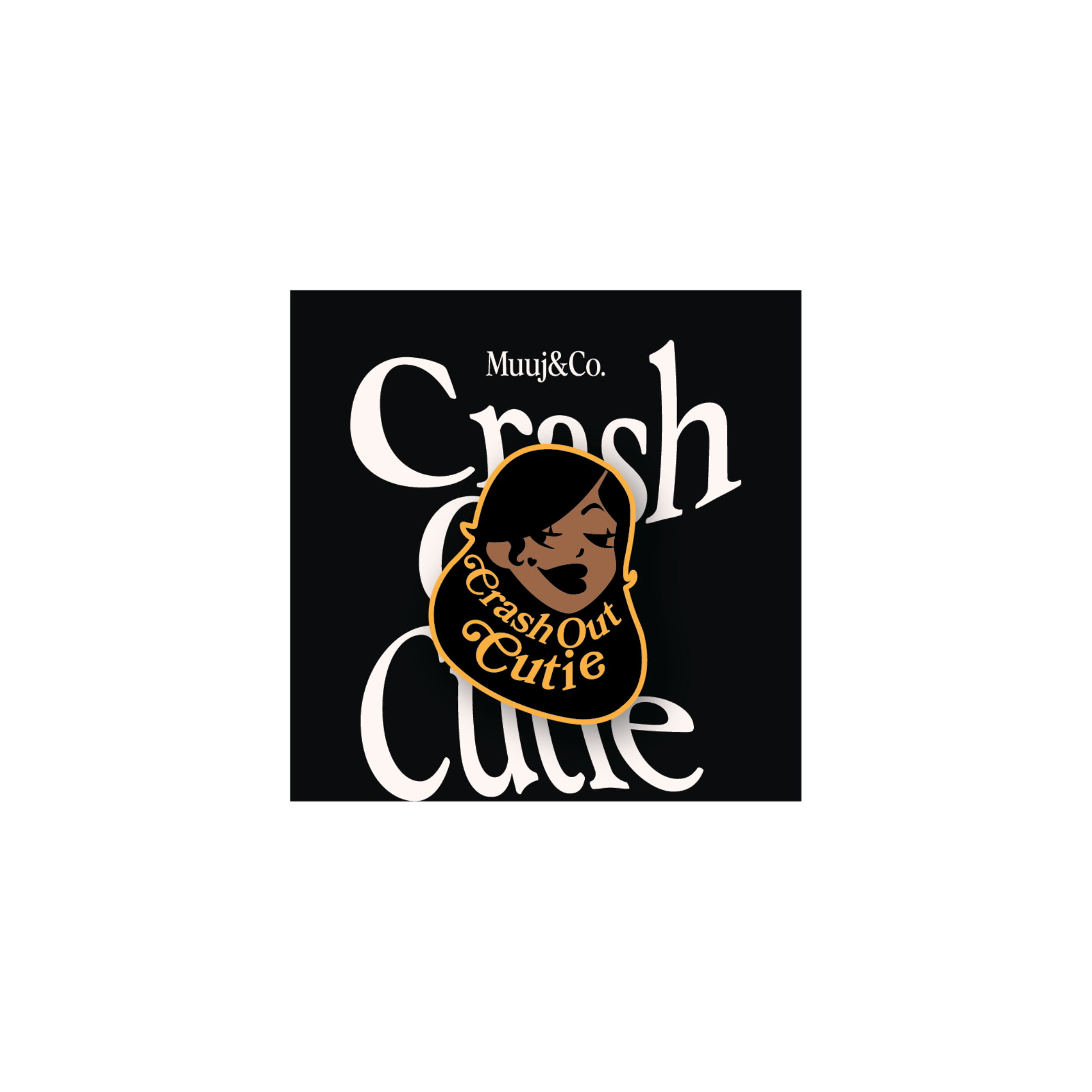 Logo with text 'Crash & Cutie' and a stylized face on a black background