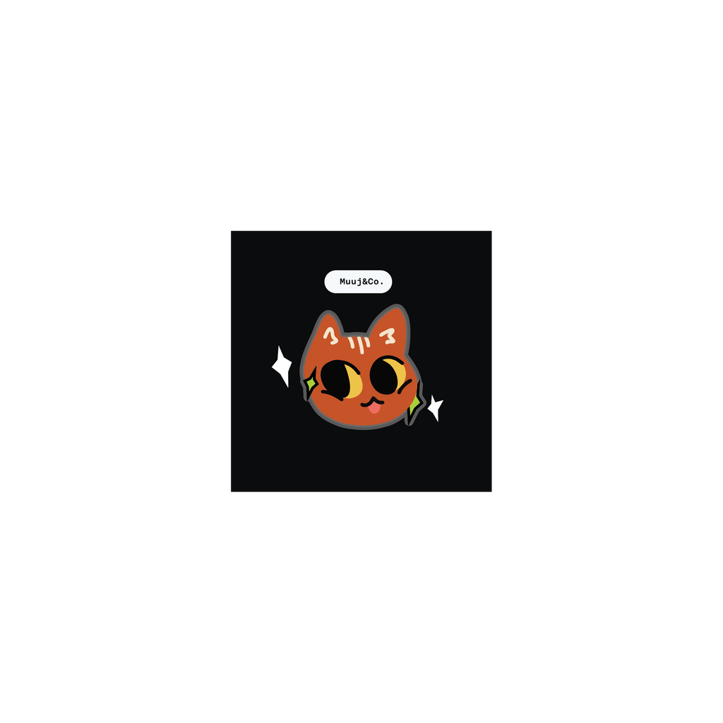 A square black sticker or patch featuring a cute cartoon cat face with orange fur, large yellow eyes.