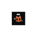 A square black sticker or patch featuring a cute cartoon cat face with orange fur, large yellow eyes.