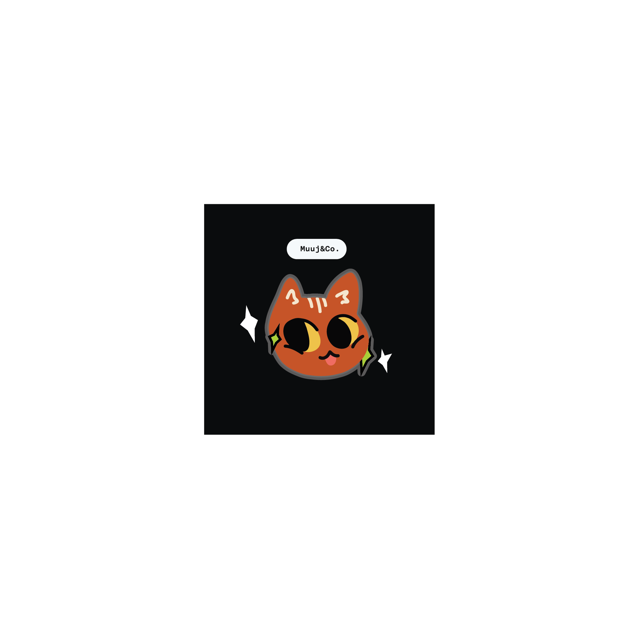 A square black sticker or patch featuring a cute cartoon cat face with orange fur, large yellow eyes.