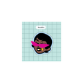 A die-cut sticker featuring a stylized cartoon face with dark skin, black hair, and bright pink sunglasses, set against a light blue grid background. 