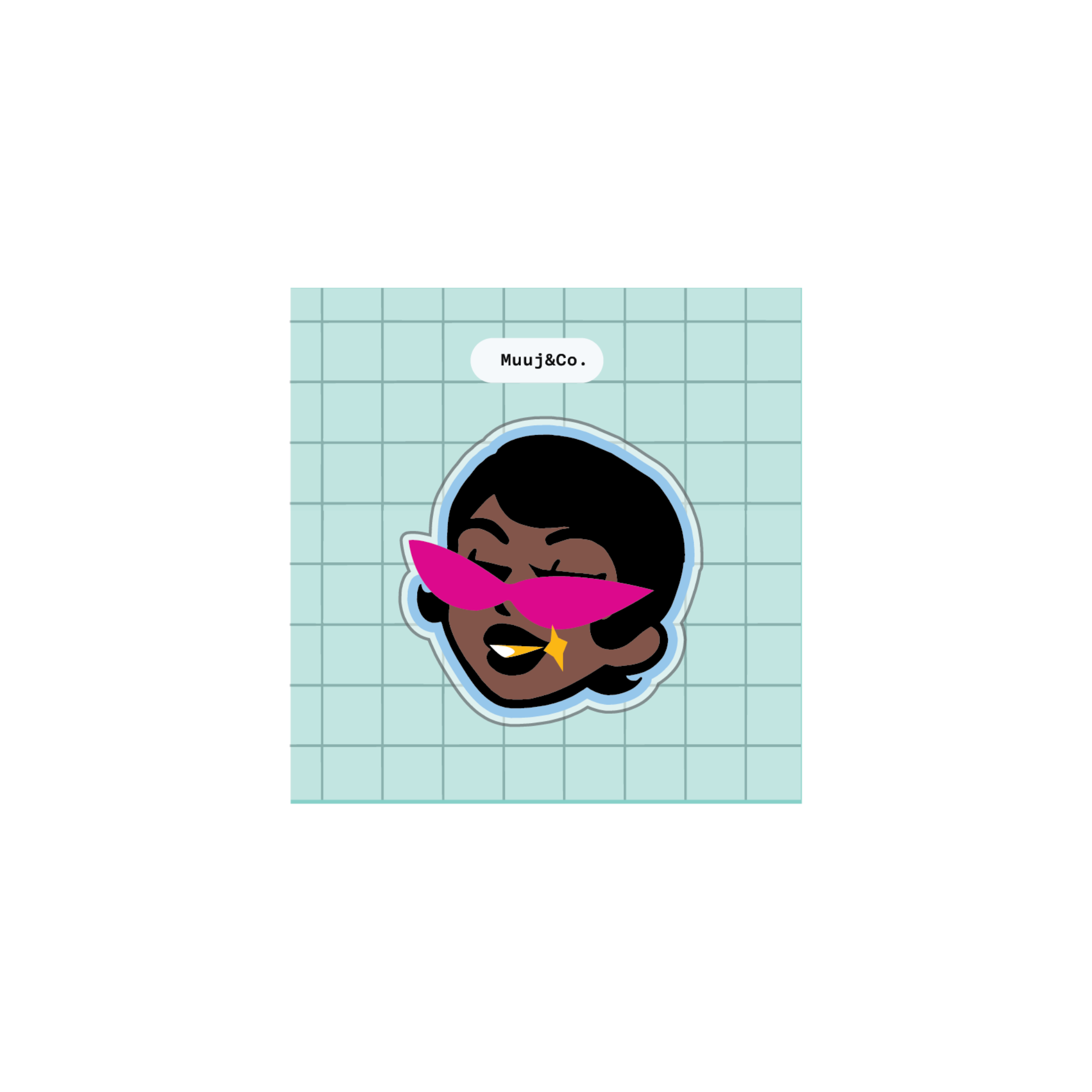 A die-cut sticker featuring a stylized cartoon face with dark skin, black hair, and bright pink sunglasses, set against a light blue grid background. 