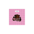 A square pink grid-patterned card or sticker featuring a central cartoon-style face with dark hair, pink hearts, and the words 'Lover Girl' in stylized lettering. A small label at the top reads 'MuxJ6Co.