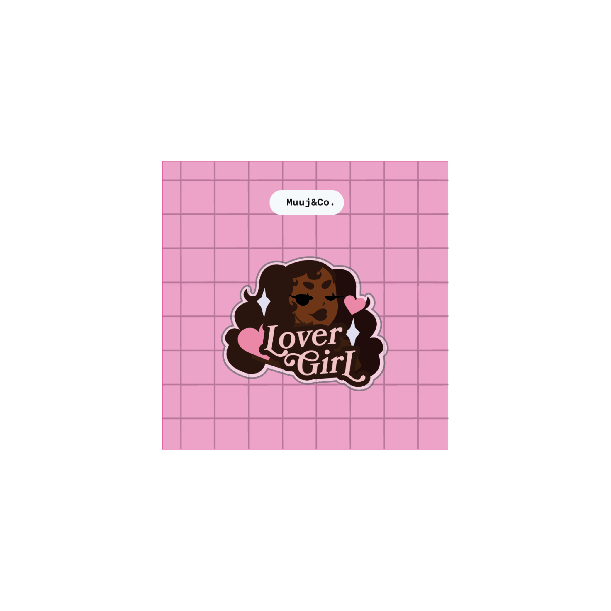 A square pink grid-patterned card or sticker featuring a central cartoon-style face with dark hair, pink hearts, and the words 'Lover Girl' in stylized lettering. A small label at the top reads 'MuxJ6Co.