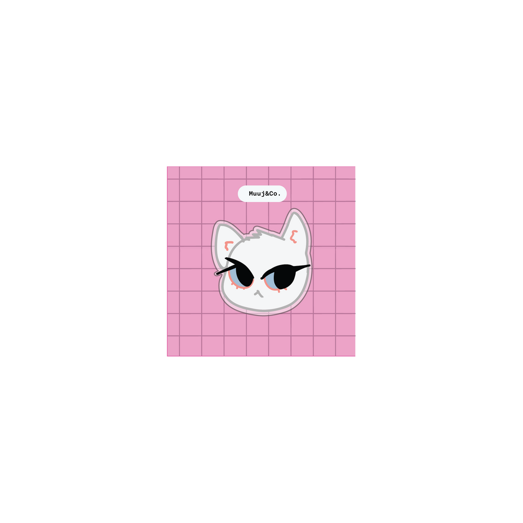 A square pink grid-patterned patch or sticker featuring a white cartoon cat head 