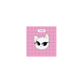 A square pink grid-patterned patch or sticker featuring a white cartoon cat head 