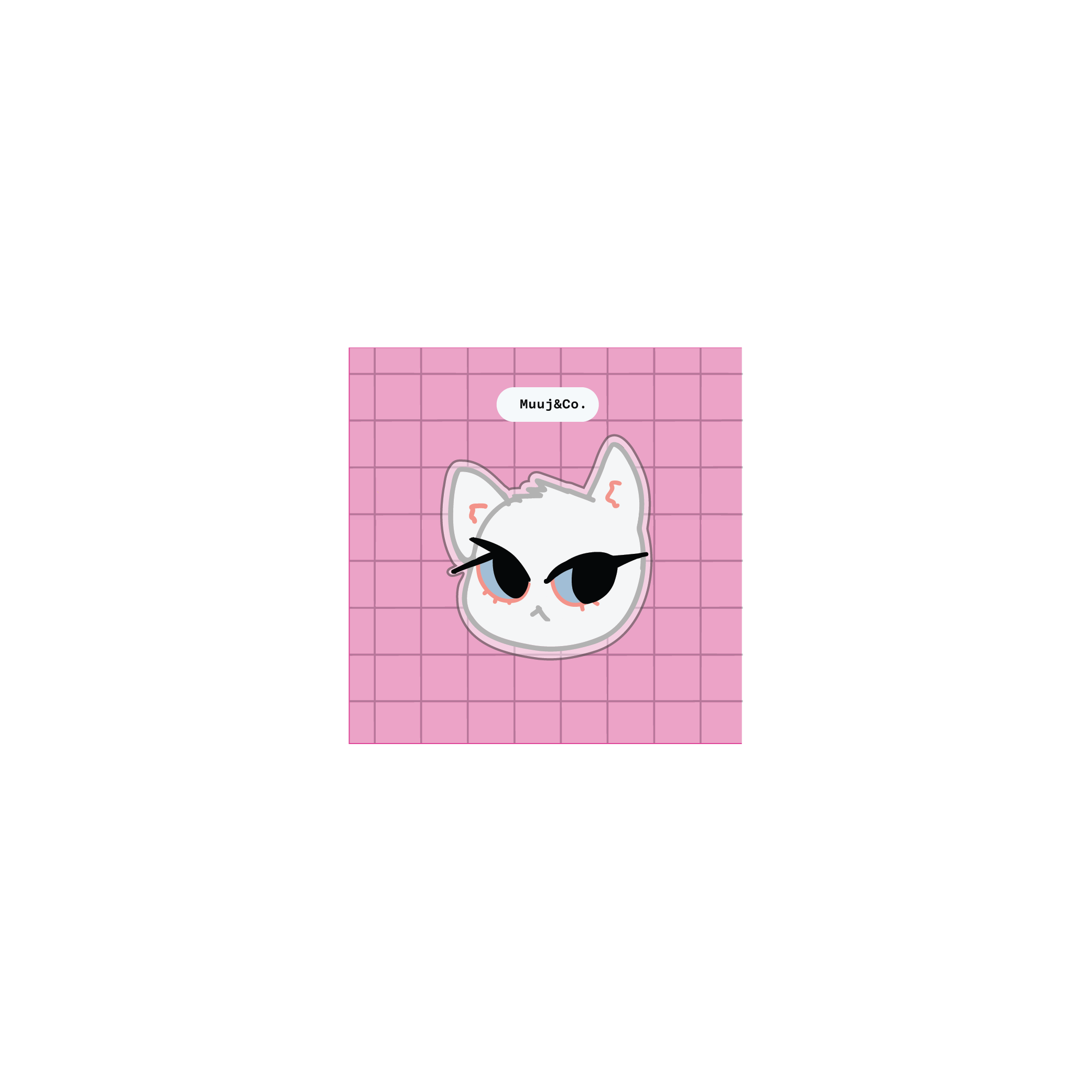 A square pink grid-patterned patch or sticker featuring a white cartoon cat head 