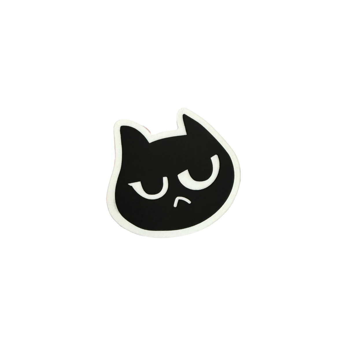 A die-cut vinyl sticker featuring a black cartoon cat head with a grumpy, sleepy expression and a white border, shown on a plain white background.